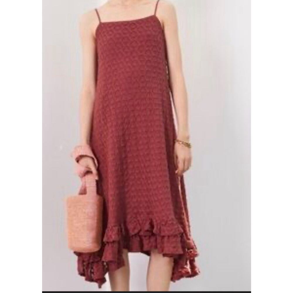 Anthropologie Ruffle Midi Dress Medium Dusty Pink Crochet Boho Flowy Romantic